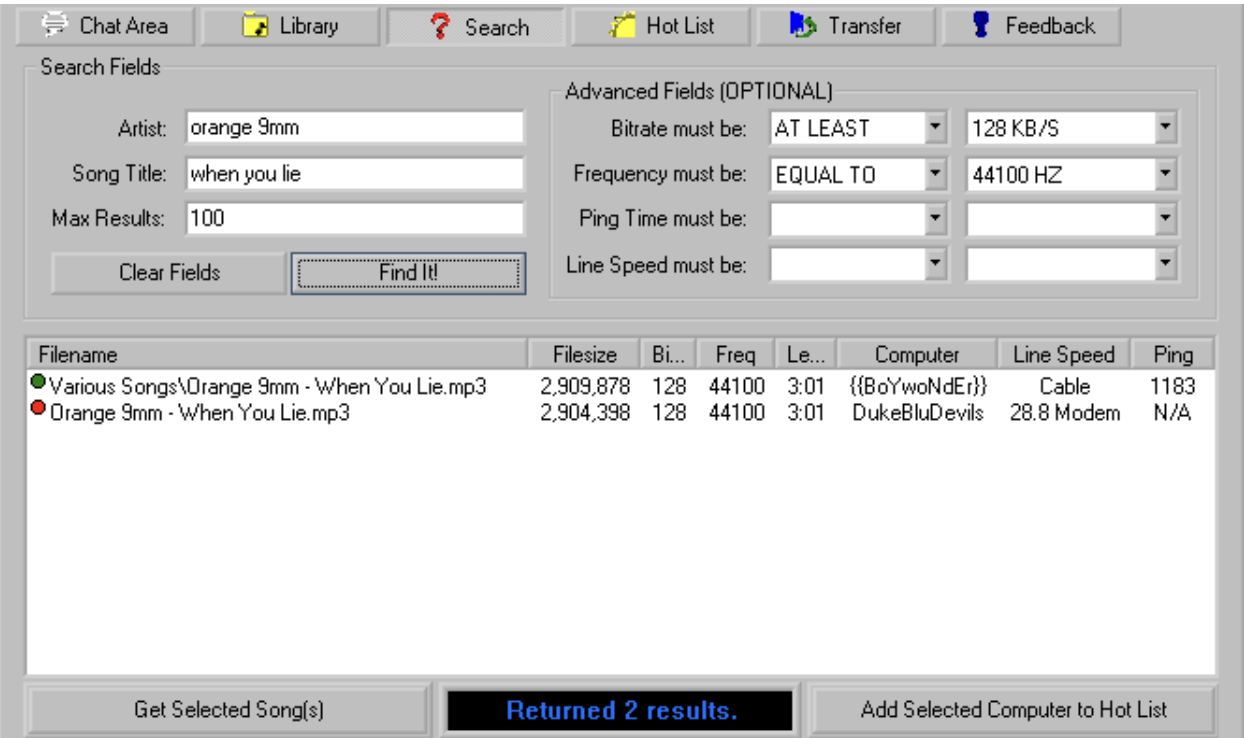 Napster Search Page Screenshot